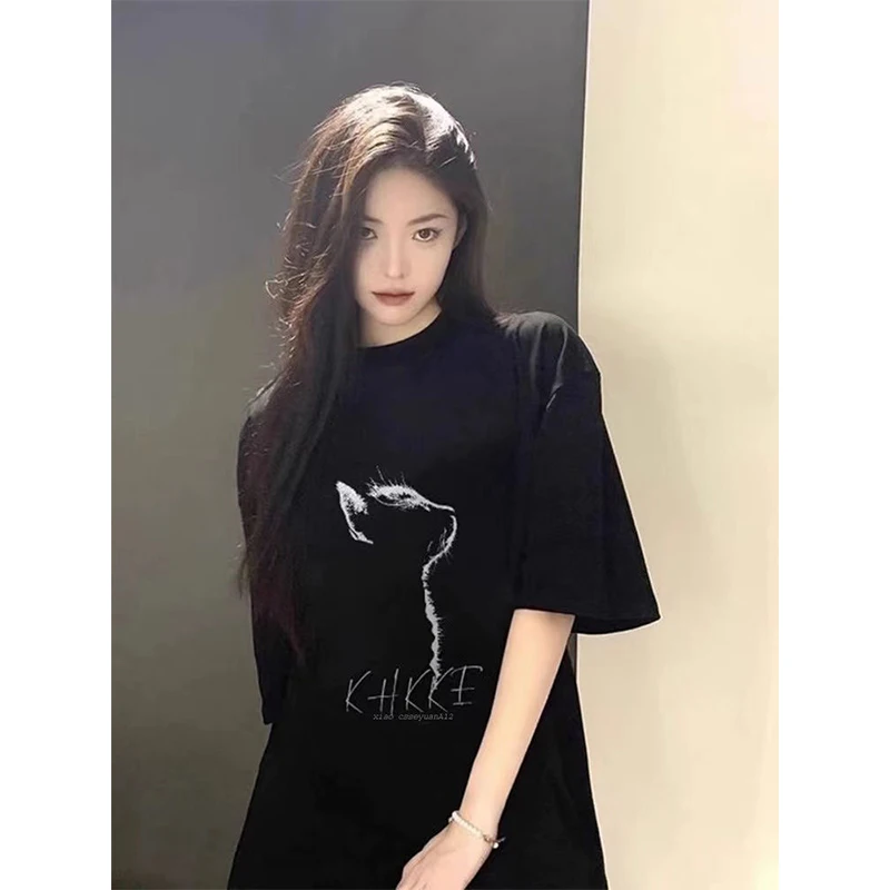 Women Summer American Vintage Loose Printing Cotton O-neck Short Sleeve T-Shirt Women Clothes Casual All-match Appear Thin Tops