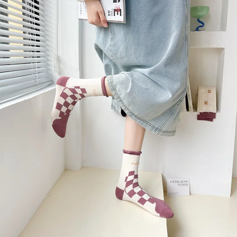 5Pairs/Set Fashion Colorful Kawaii Cute Cozy Cotton Women Socks Harajuku Japanese Korean Pink Plaid Flower Girl Socks Lot