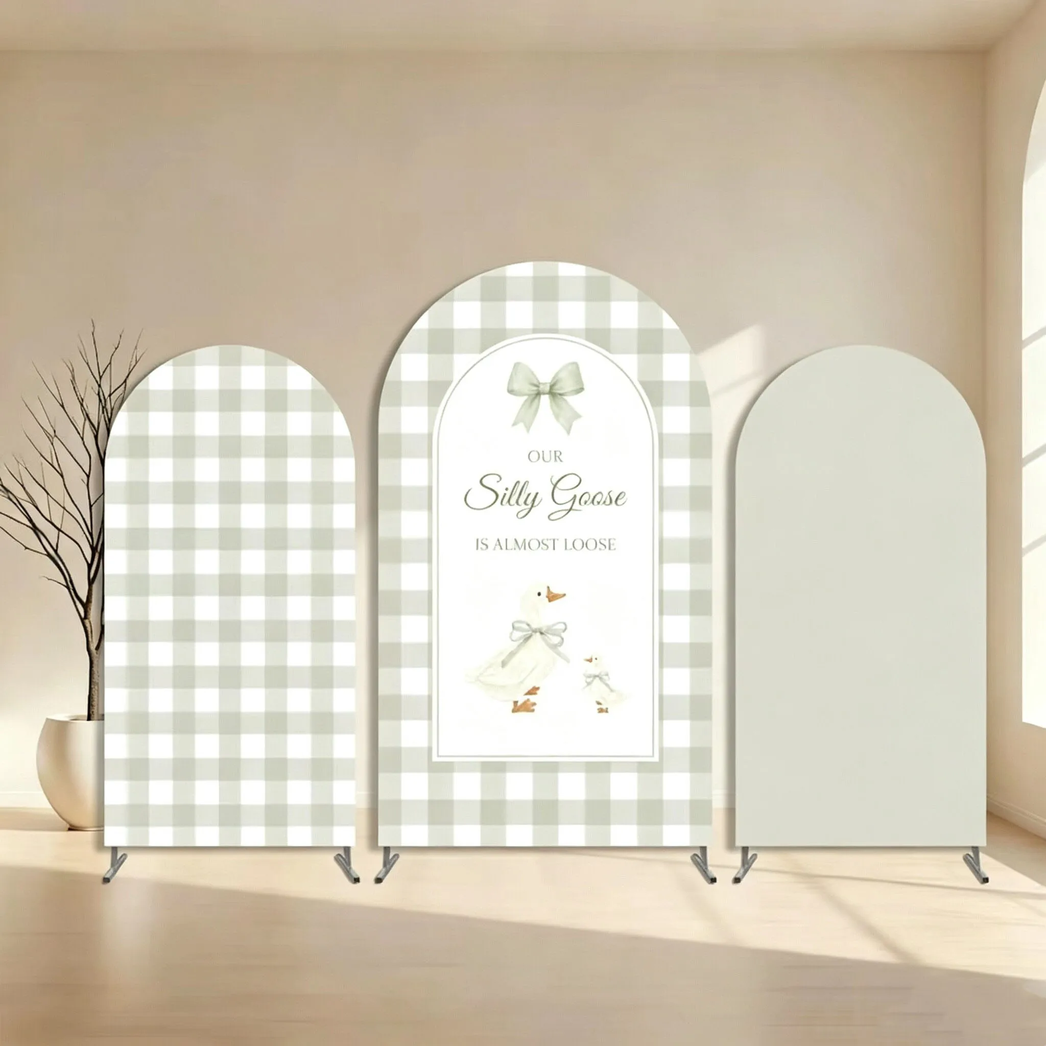Custom 2-Side Our Silly Goose is Almost Loose Baby Shower Arch Backdrop Cover Girl Sage Checked Duck Birthday Party Decor