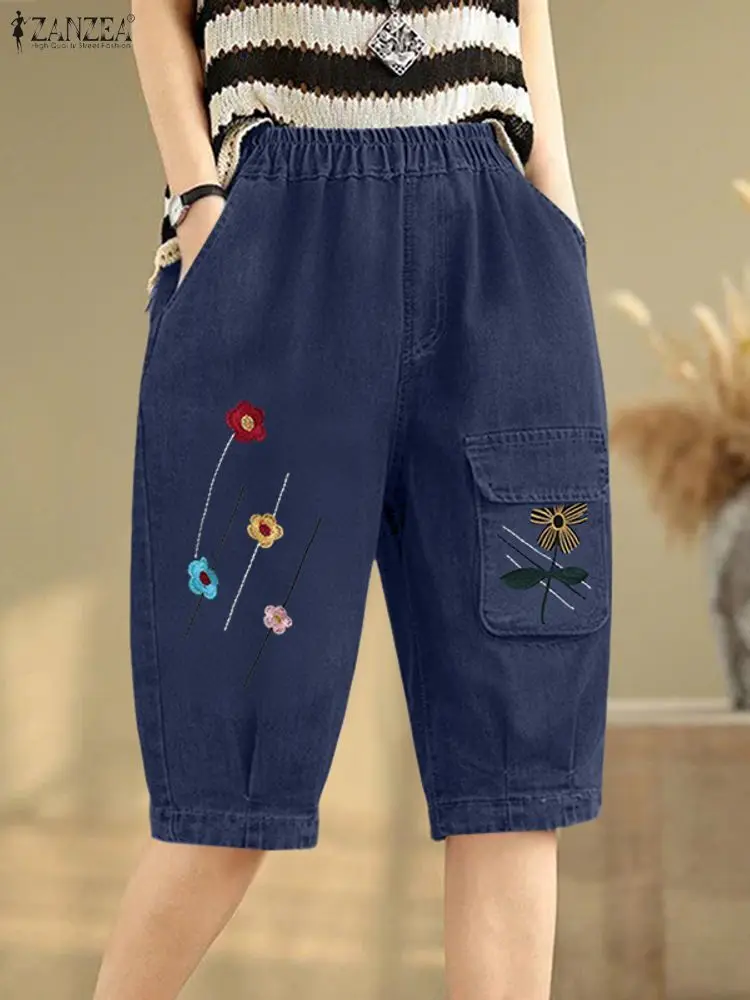 

Women Denim Long Pants 2025 ZANZEA Casual Loose Elastic Waist Pockets Trousers Fashion Floral Printed Korean Style Bottoms