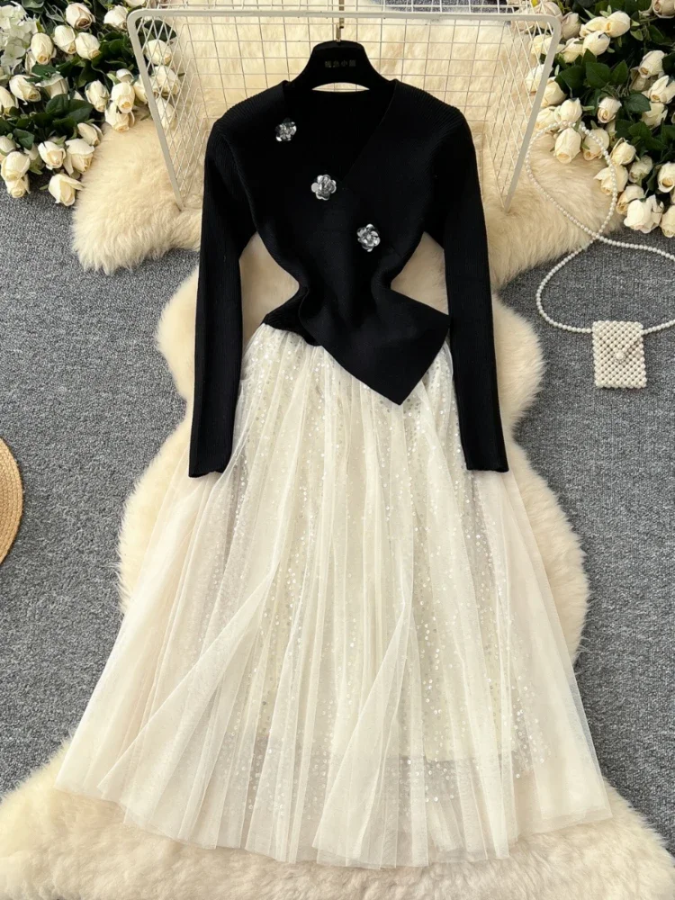 Women Vintage Party Dress Autumn Winter 3D Flower V-neck Long Sleeved Knitted Patchwork Sequin Mesh Dresses Long Robe Vestidos