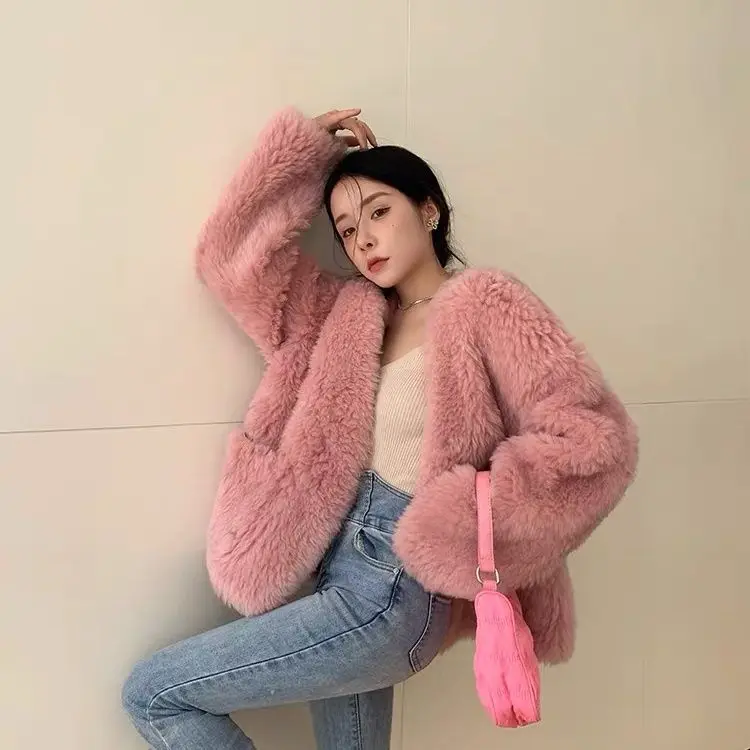 

Women Sheepskin Coats Real Fur Short Jacket Fur Lamb Fur Coat Genuine Sheep Fur Coat Lamb Sheep Shearing Warm Female Loose H79