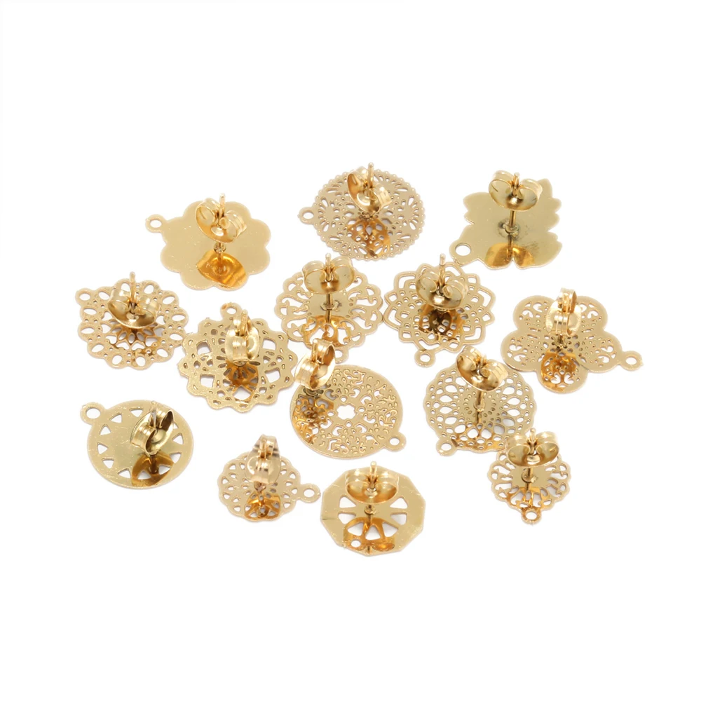 10Pcs Stainless Steel Gold Color Hollow Flower Studs Earrings for DIY Drop Earrings Dangle Charms Connectors Jewelry Making