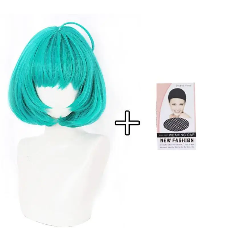 Honor of Kings Cai Wenji Cosplay Wig Teal Green Short Bob Wig With Horn Headwear Character Cosplay Wig For Halloween Comic Con