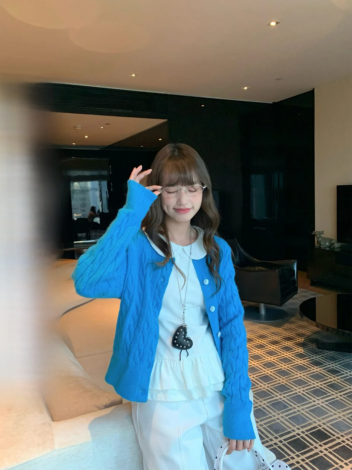 

iny Blue Twisted Knitwear Women's Open Cardigan Loose ort Sweater Jaet Inner Wear Outer Wear Casual Sle Winter Faion