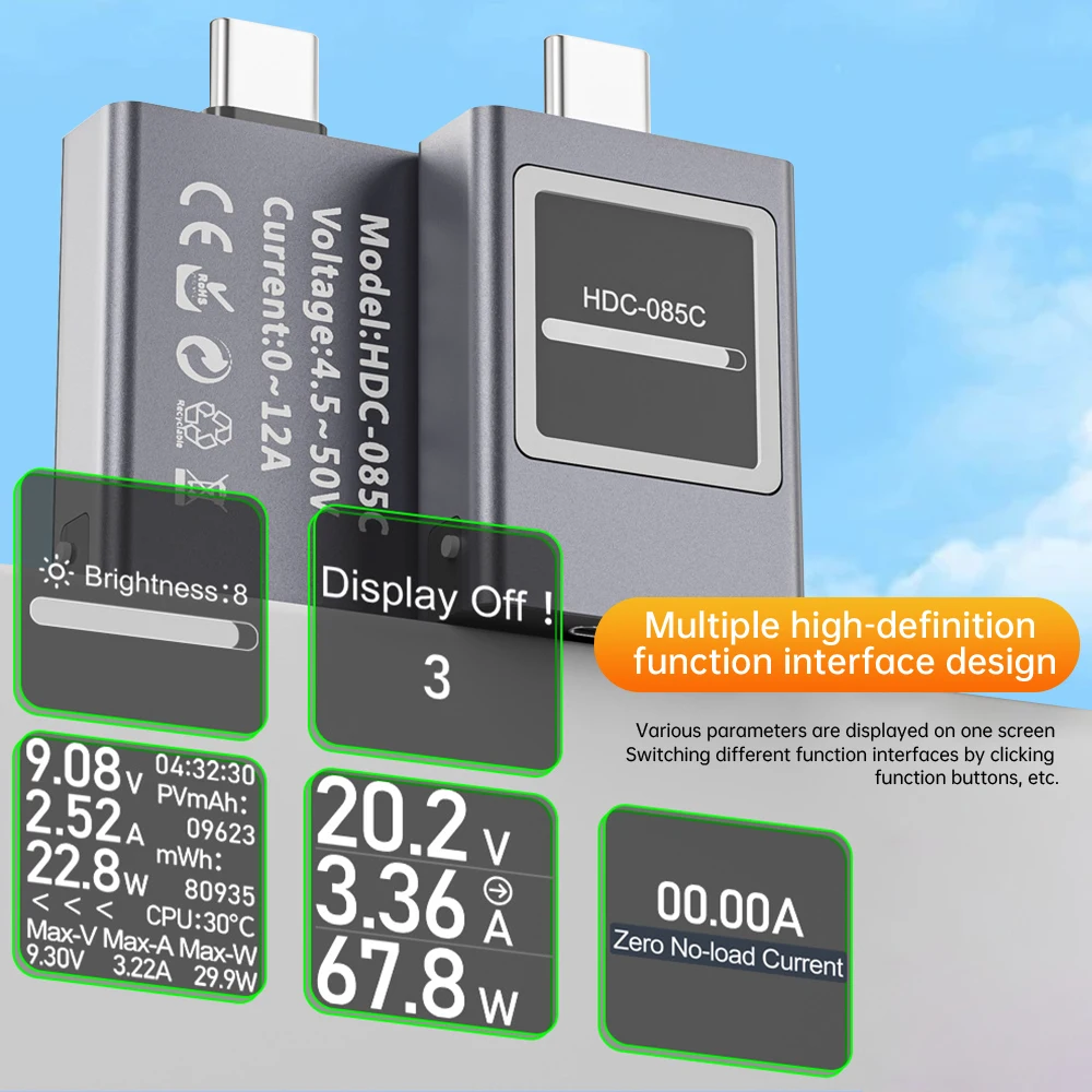 HDC-085C Digital Display Volmeter Ammeter Charger Tester Voltage Current and Power Meter DC 4.5~50V 12A  Multi-Function Type-C