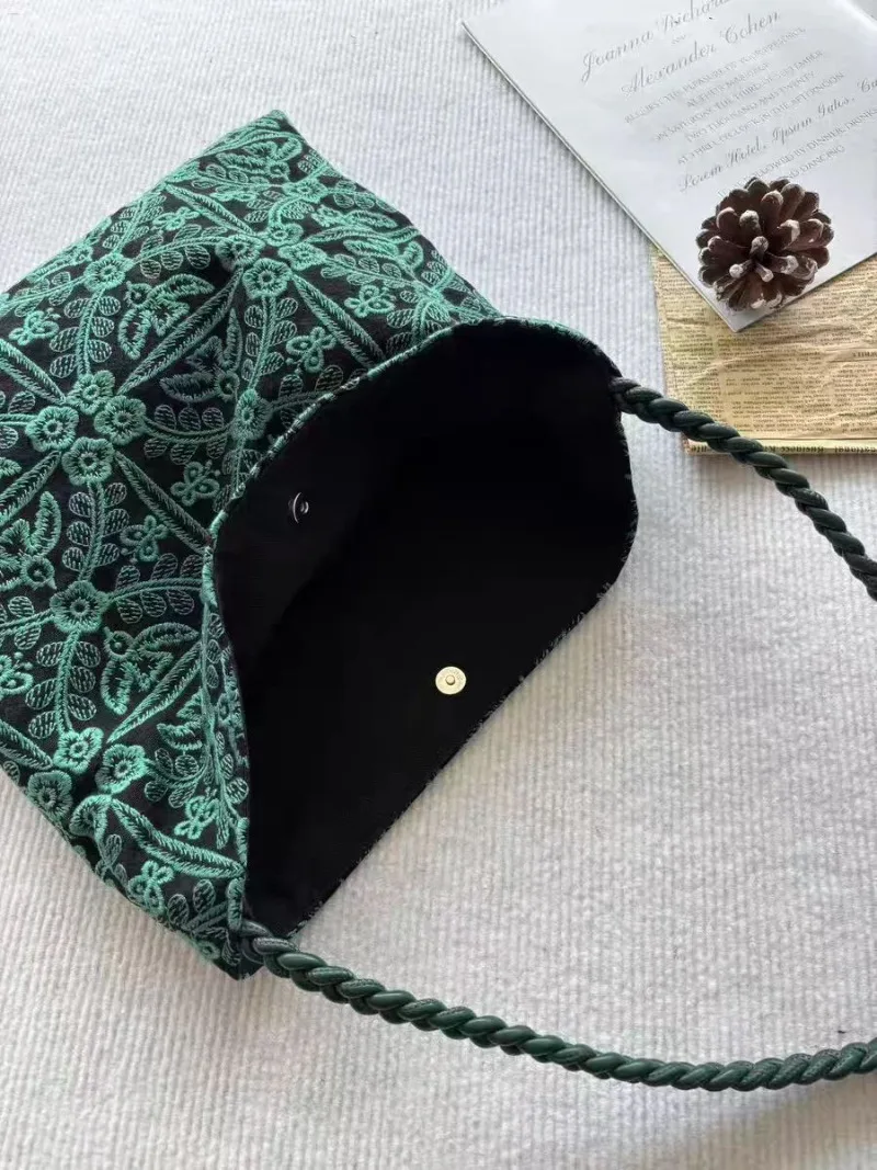 Тканая холщовая сумка с вышивкой Green Forest, большая вместительная оригинальная нишевая тканевая сумка ручной работы, универсальная простая большая сумка для женщин