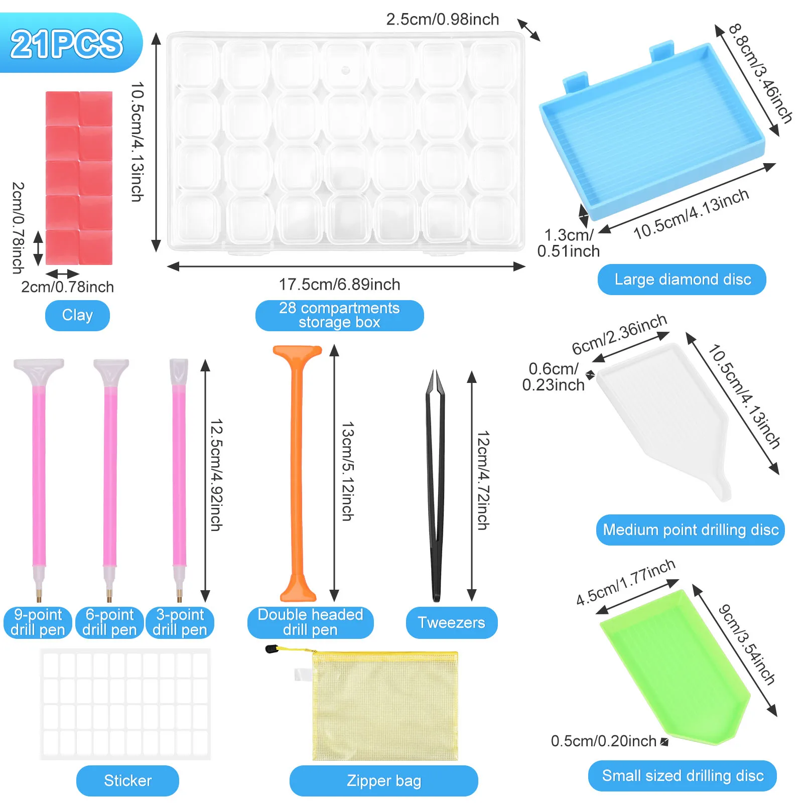 21Pcs 5D Diamond Painting Accessories Kit 28 Grid Storage Box Drill Pens Plastic Trays Tweezers for Art Craft Cross Stitch DIY