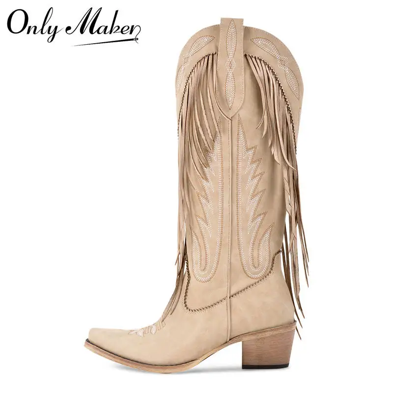 

Onlymaker Women Pointed Toe Retro Fringe Pull On Western Cowgirl Boots Fringed Chunky Heel Embroidery Cowboy Boots