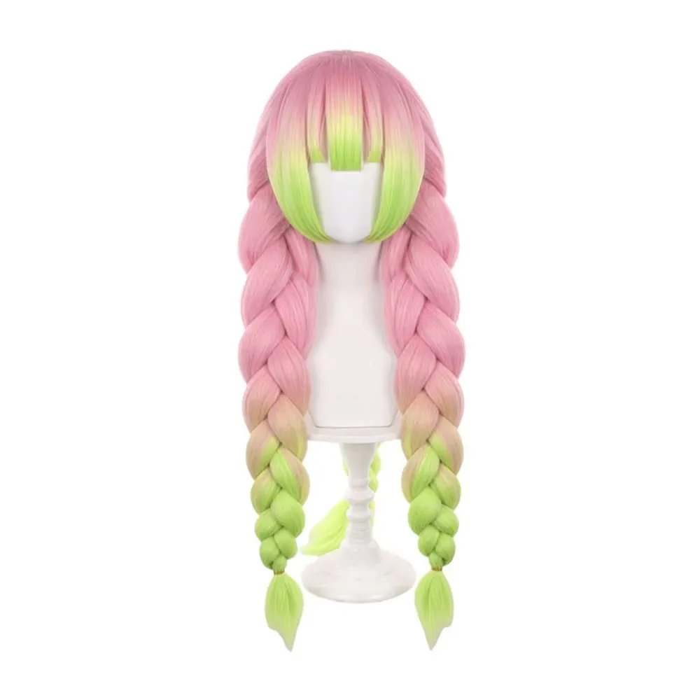 ソフトピンクからライムグリーンのオンブルロングデュアルブレイド合成ウィッグ-–-耐熱性、ユニセックスファンタジーコスチュームヘア