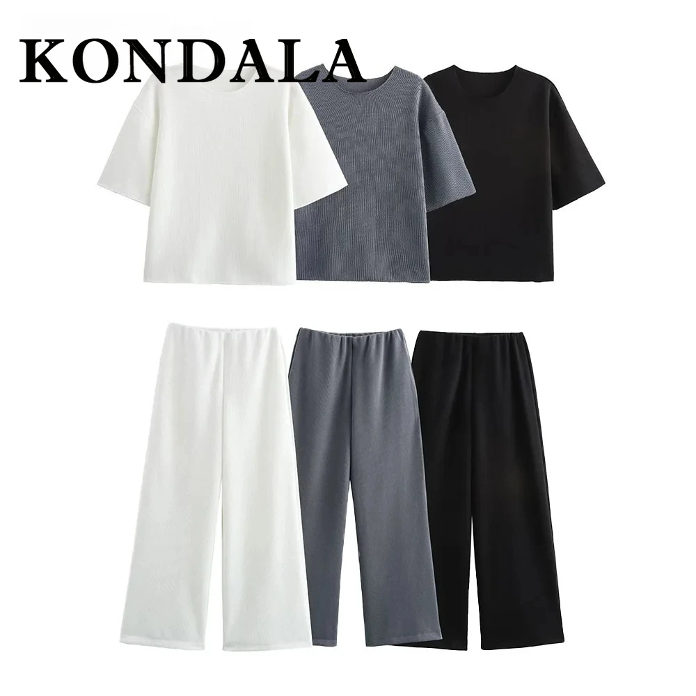

KONDALA Chic Knit Solid Grey Casual Women Suit Short Sleeve Loose T-shirts Long Wide Length Elastic Waist Pants Fashion 2024 Set
