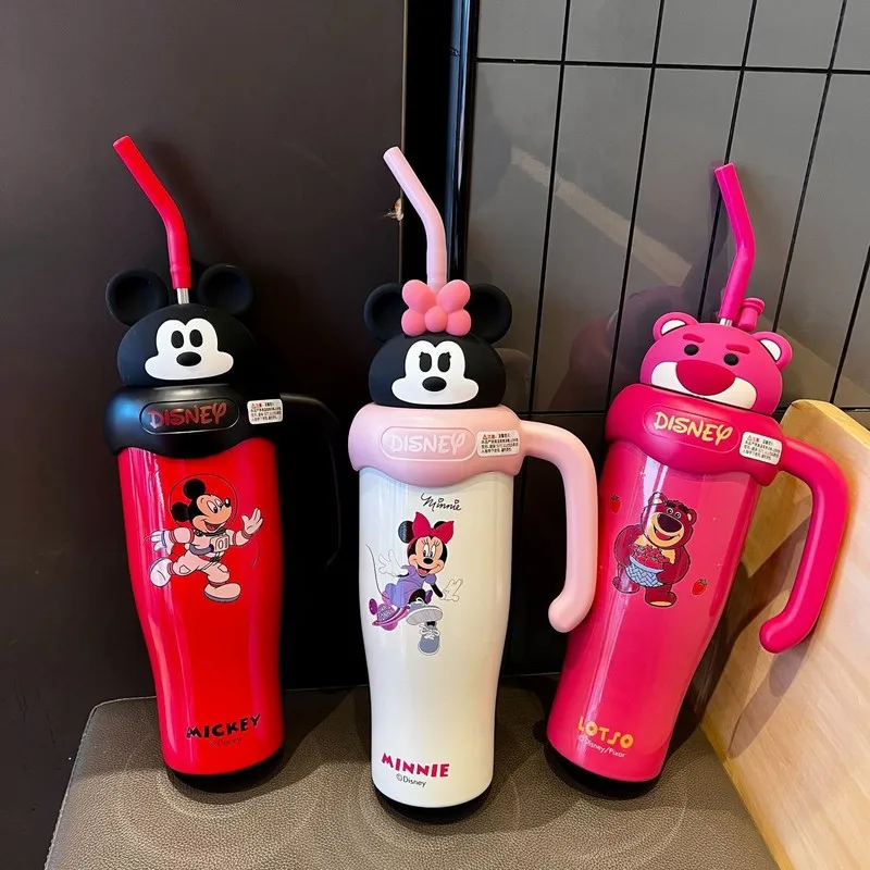 Urso de morango minnie mickey caneca de aço inoxidável dos desenhos animados boneca copo de grande capacidade ao ar livre portátil palha copo portátil