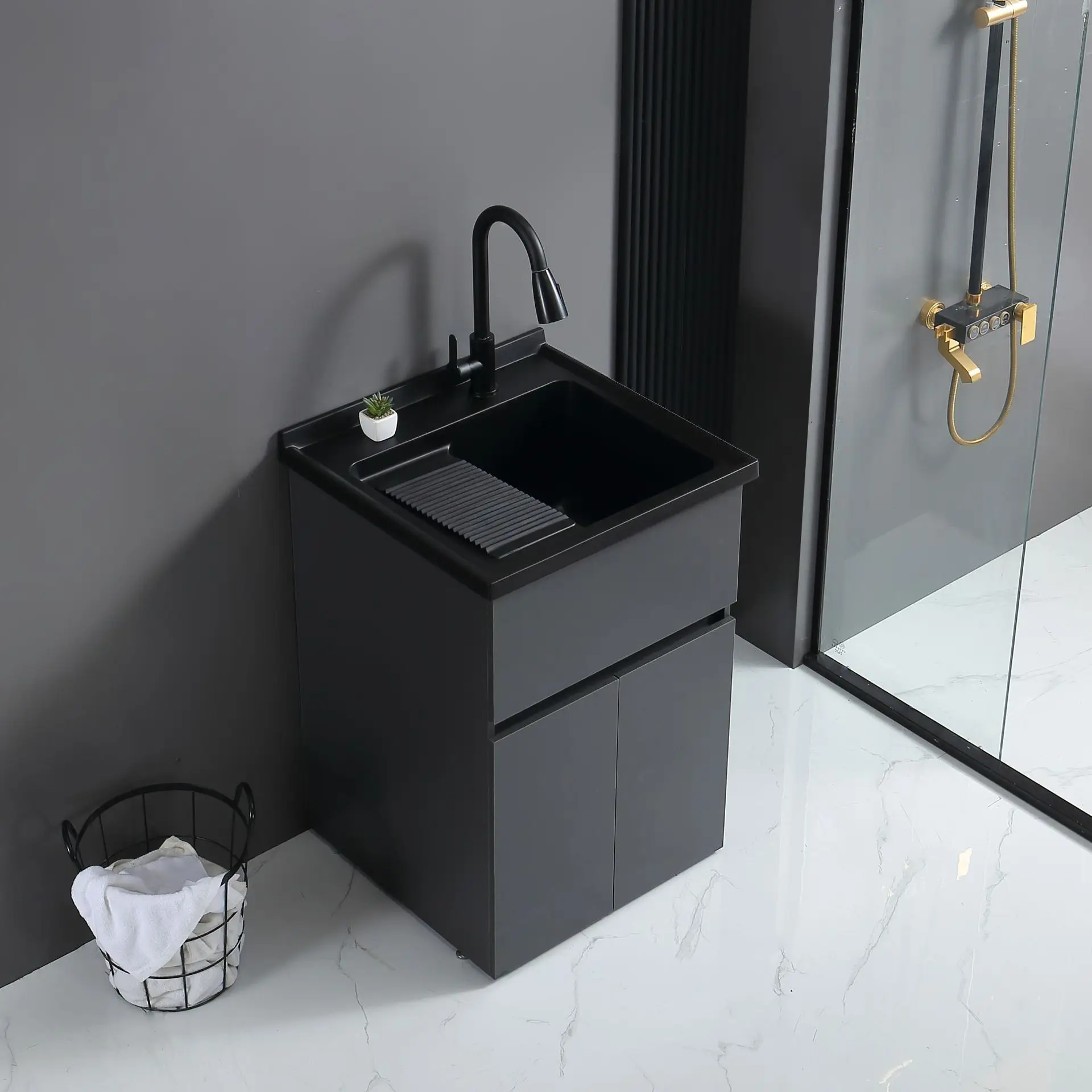 

Solid wood multi-layer paint-free laundry cabinet black balcony laundry pool with washboard quartz stone wash basin 304 faucet