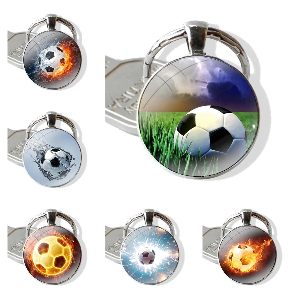 Keychain Handmade Glass Cabochon Key Ring Holder Pendant Key Chains Soccer Ball on water burning fire