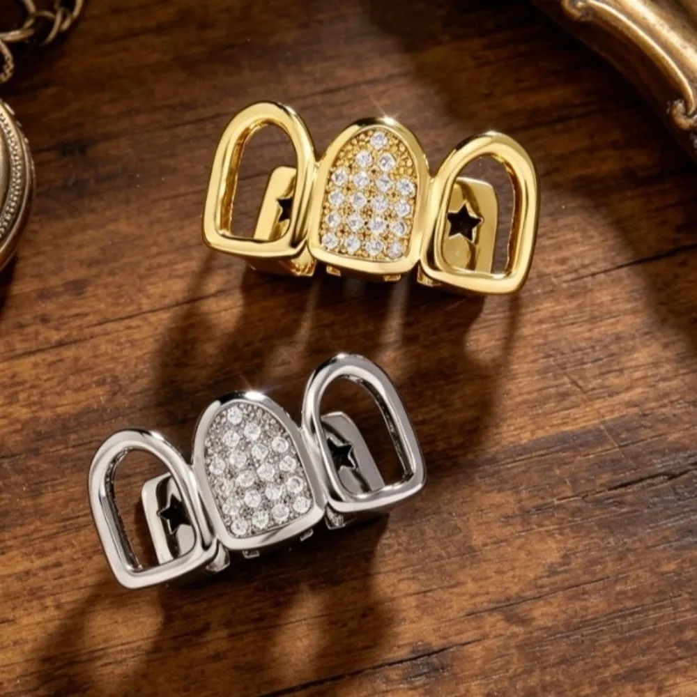 Punk Gold Silver Color Teeth Grillz CZ Zircon Star Hollow Dental Caps Removable 3 Teeth Body Jewelry Unisex