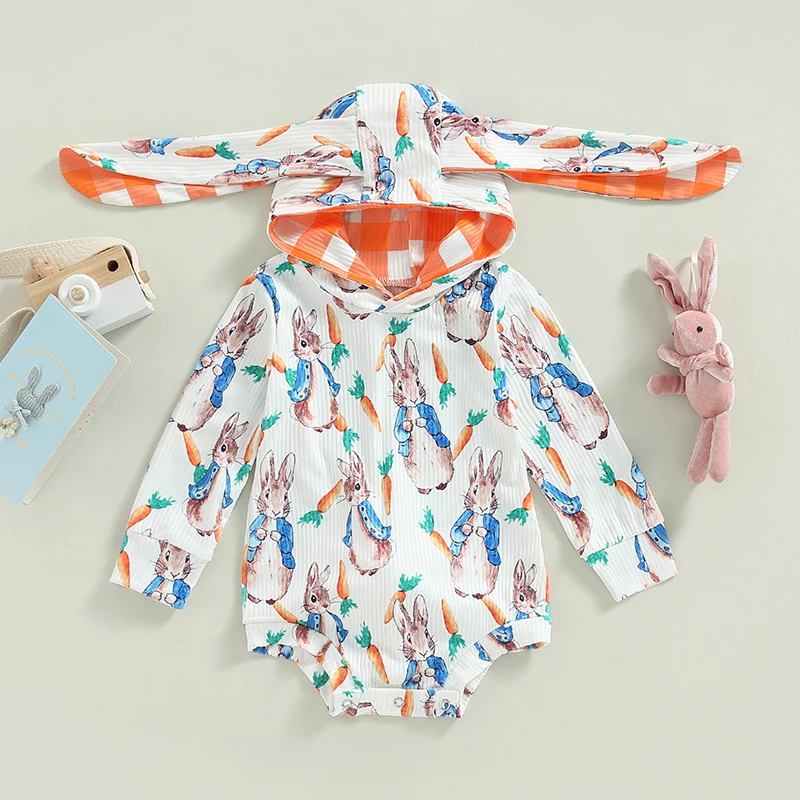 

Easter Toddler Boys Romper Hoodie Sweatshirt Bunny Carrot Print Long Sleeve Jumpsuits Baby Bodysuits with Ears