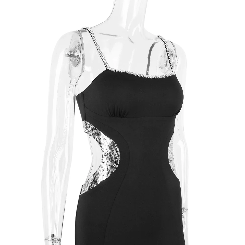 Vestido de fiesta con lentejuelas de cristal para mujer, traje Sexy negro con lentejuelas de cristal para fiesta de noche y regreso a casa, bata de noche con alfombra roja, en Stock