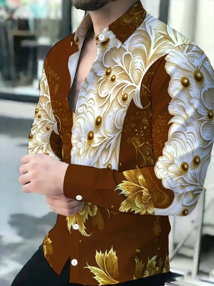Men's long sleeved lapel shirt with contrasting colors, gold-plated retro floral round bead print, fashionable casual loose top