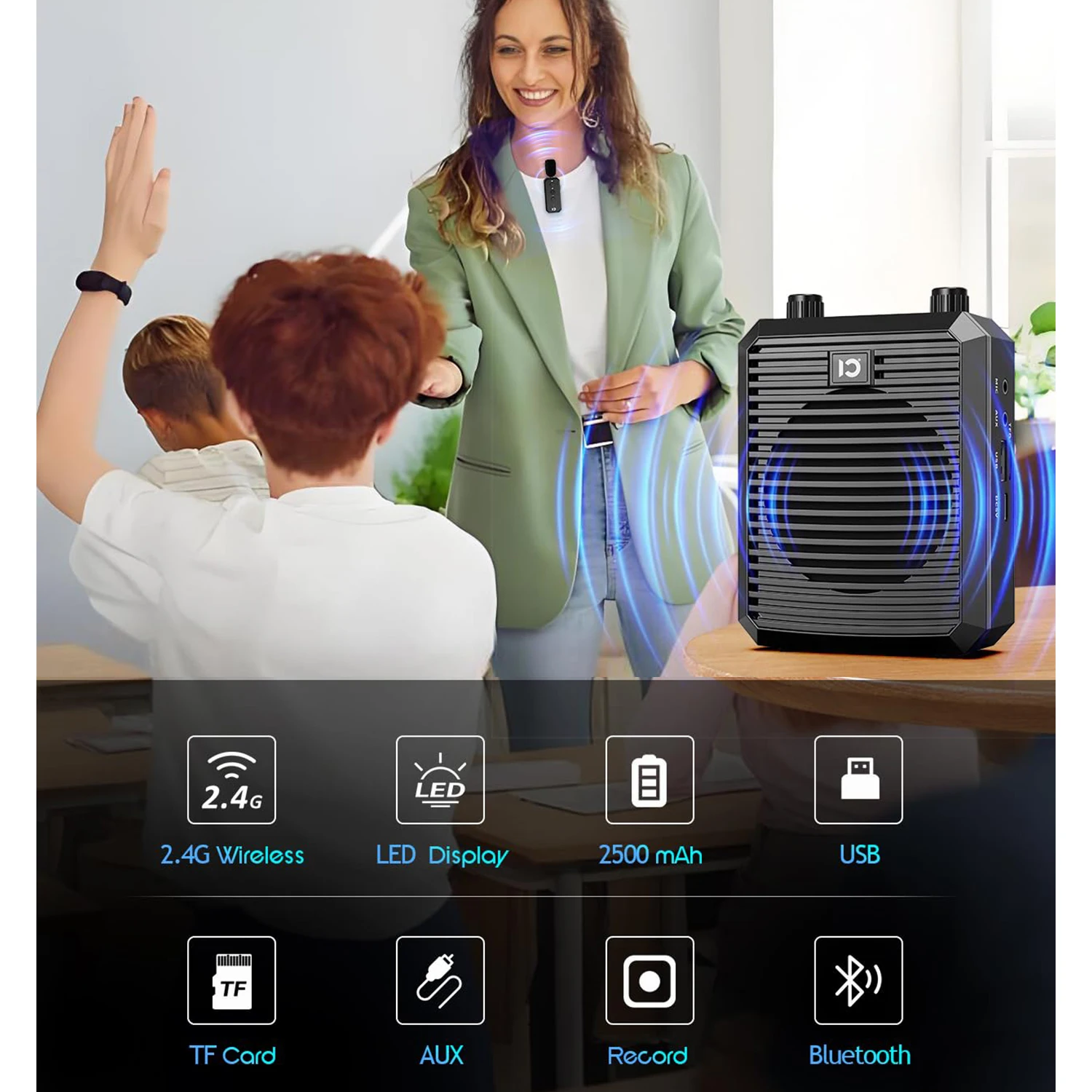 SHIDU Amplificatore vocale Bluetooth con microfono lavalier wireless, altoparlante portatile Microfono wireless per aula/yoga/allenamento-M1