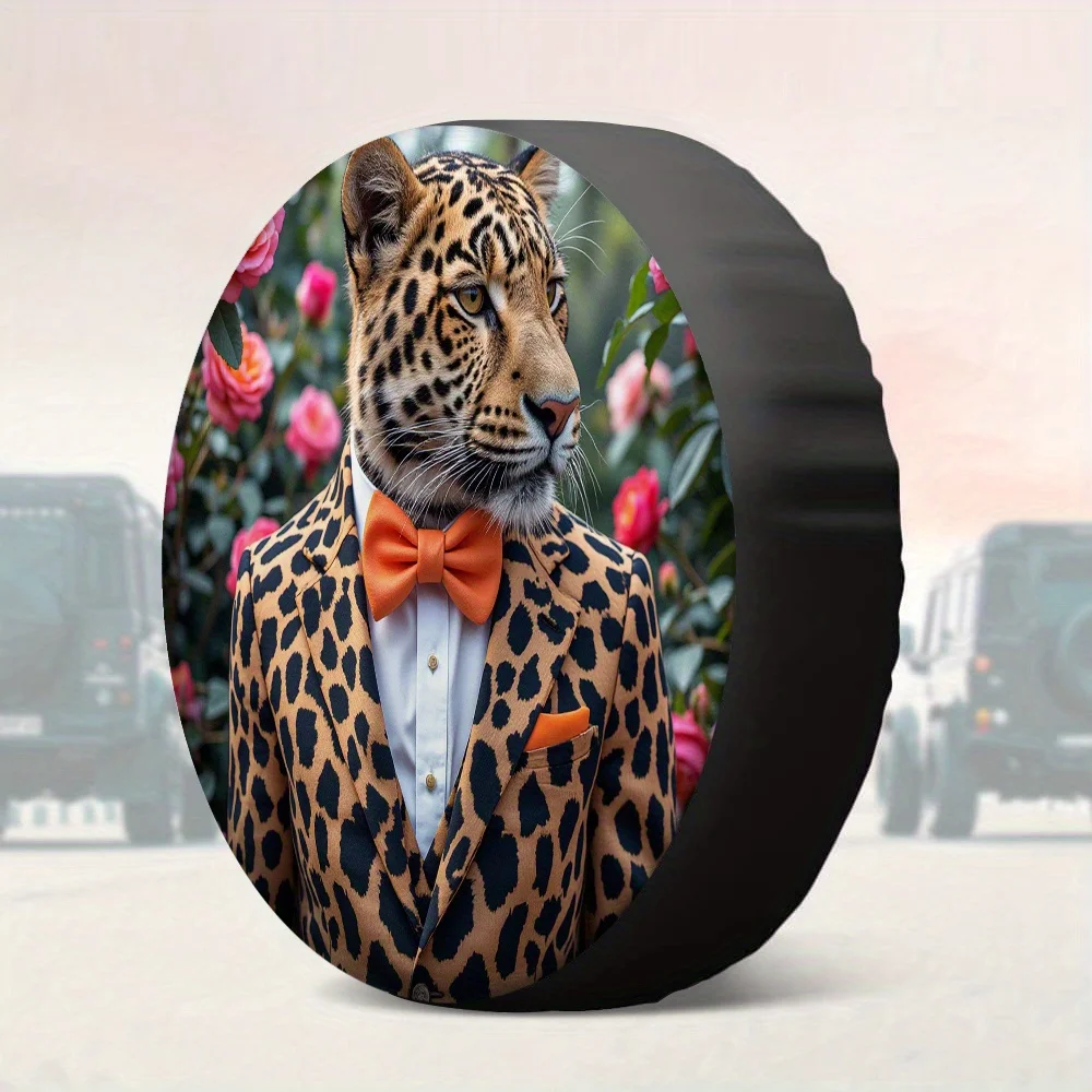 1pc Leopard Floral Tuxedo Suit Tire Cover - 2D Flat Print Polyester, Black With Orange Bow Tie & Pink Roses Design, Perfect For