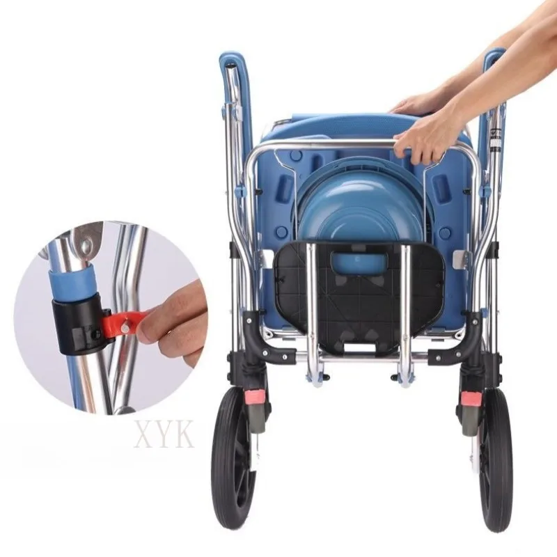 Reinforced Elderly Portable Shower Chair with Wheels One Key Fold Indoor Mobile Bathing Chair Commode Stool