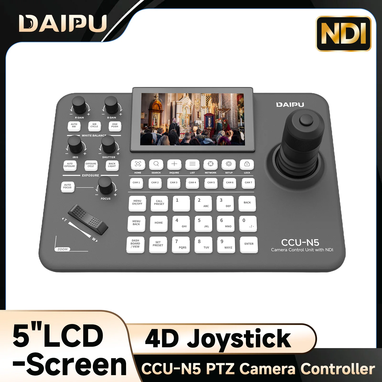 

DAIPU NDI PTZ Camera Controller 5" LCD-Screen 4D Joystick for Church Live Streaming Conference Education Broadcast Youtube Live