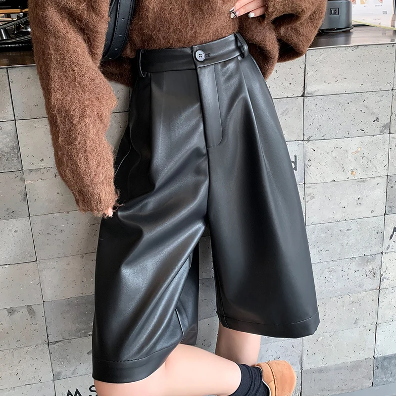 Herbst Winter PU Leder frauen Breite Bein Hose 2025, Neue Hohe Taille Taste Schwarz Vintage Casual Lose Halbe Hosen weibliche