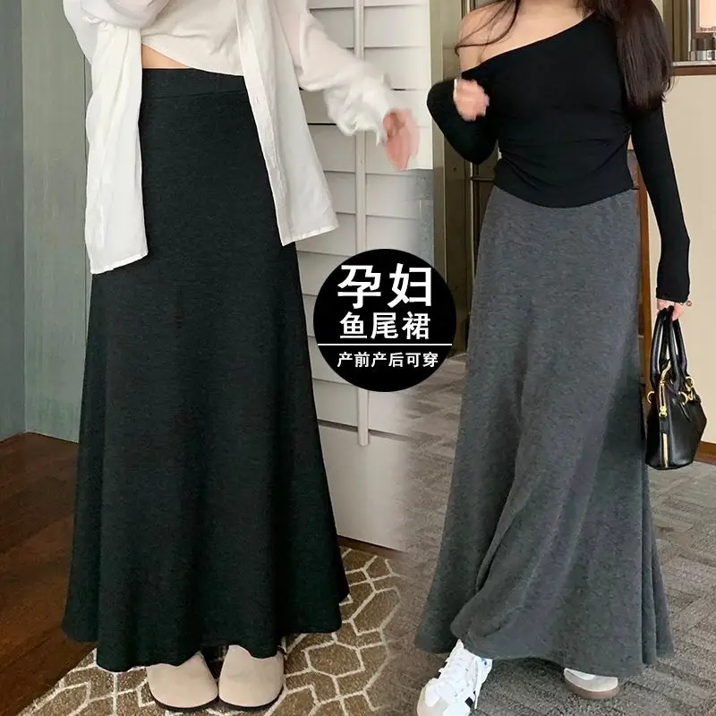 Maternity Wear Autumn Winter 2025 New Knit A-Line Skirt - High-Waisted Slimming Mid-Length Style Clothes for Pregnant Women