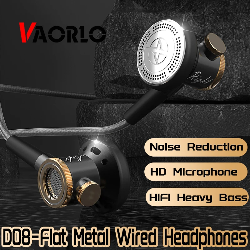 D08-Metal Dynamic Driver HiFi Headphone with Mic In Ear Earphone Flat Head Plug Earbuds Bass Headset For Gym Sports RunningMusic