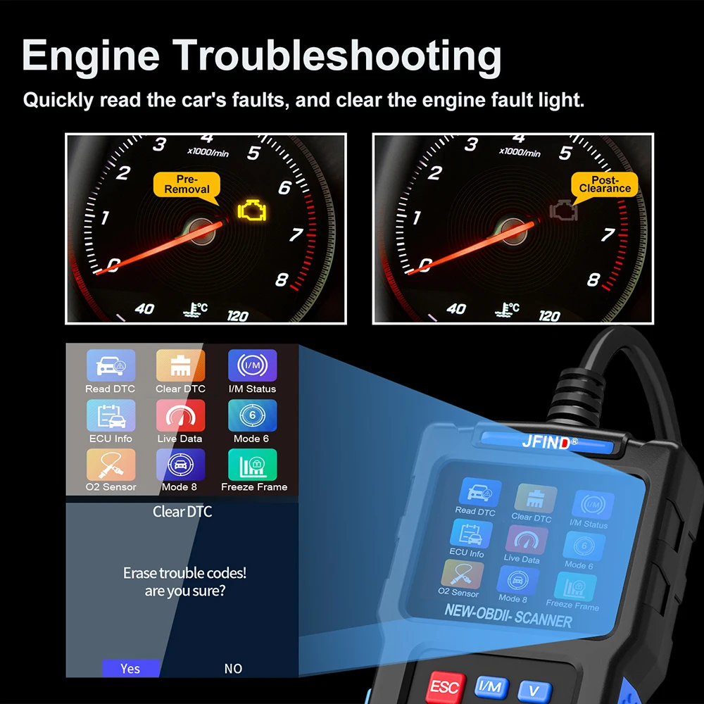 JFIND JF700 OBD2 Car Scanner Diagnostic Tool OBD Pin Voltage Tester Mode 6 Mode 8 EML327 OBD/EOBD Engine Fault Code Reader