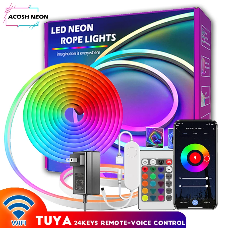 TUYA WIFI 24V Neon RGB Light Strip Smartlife APP/44 Key IR Remote Control Smart Light Strip Music Synchronization Can Be Timed