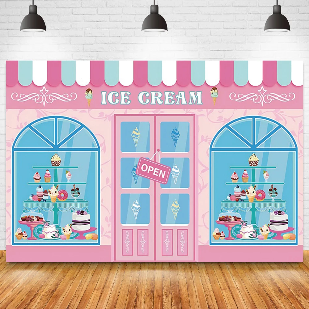 Ice Cream Parlor Candy Bar Celebration Background Baby Birthday Photography Backdrop Photobooth Banner Cake Table Decorations