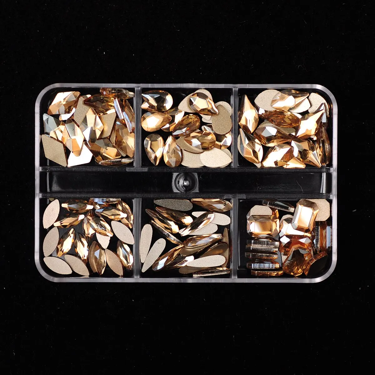 6 Grids 120pcs Mixed Shapes Golden Shadow Nail Rhinestones Nail Charms Accessories Flat Back 3D DIY Nails Art Decoration