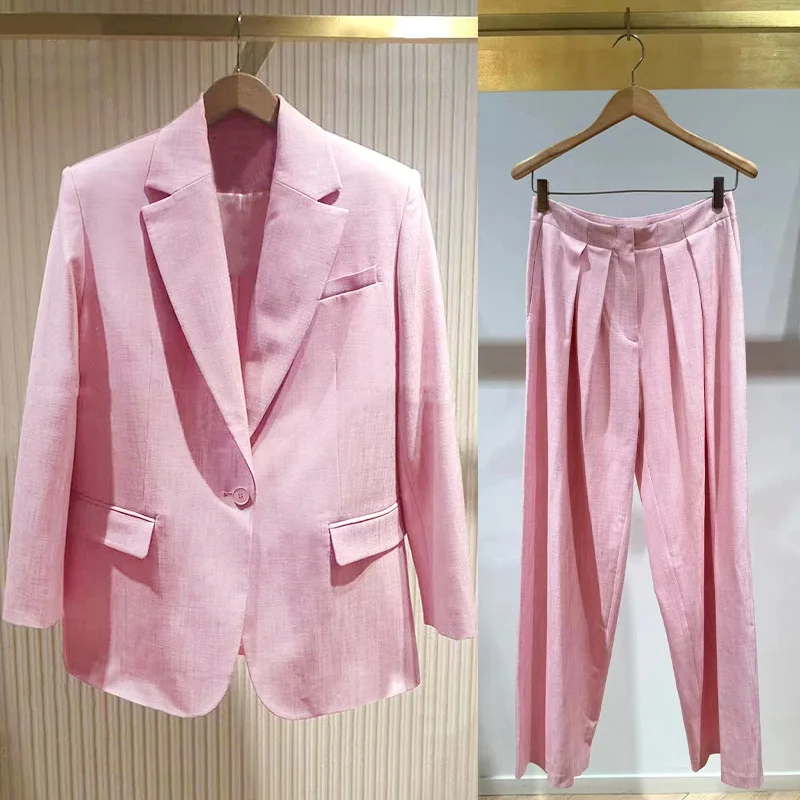 

Chic 2025 Early Fall Pink Suit Jacket and Elegant Pleated Pants Set suit woman