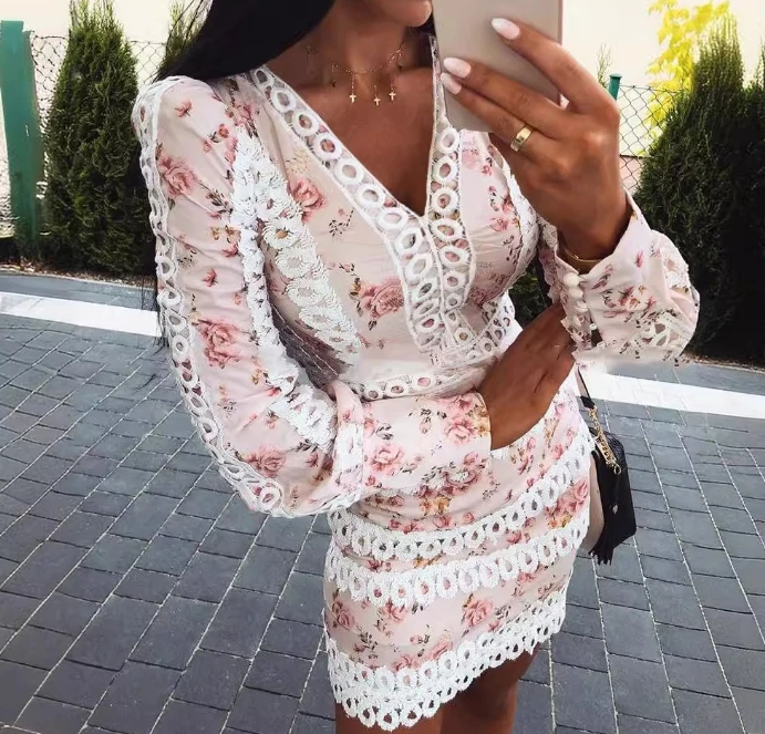 

Women's Sexy V-Neck Long Sleeved Lace Border Design Fashionable Short Skirt Pink Tight Fitting Hip Hugging Temperament Dress