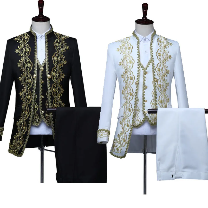 Adult Men 3PCS Set Victorian Steampunk Royal Prince Costume Vintage Baroque Jacket Vest Coat Pants Wedding Groom Blazer Suit