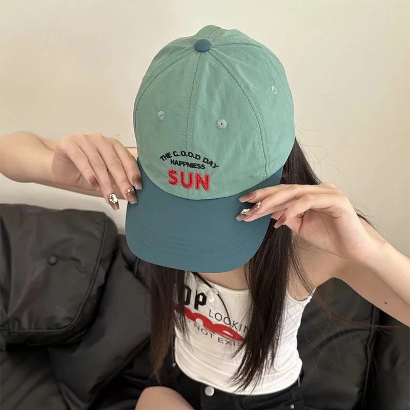 Korean Letter Embroidery Quick Drying Baseball Hats New Unisex Breathable Color Block Sunshade Versatile ins Fashion Peaked Caps