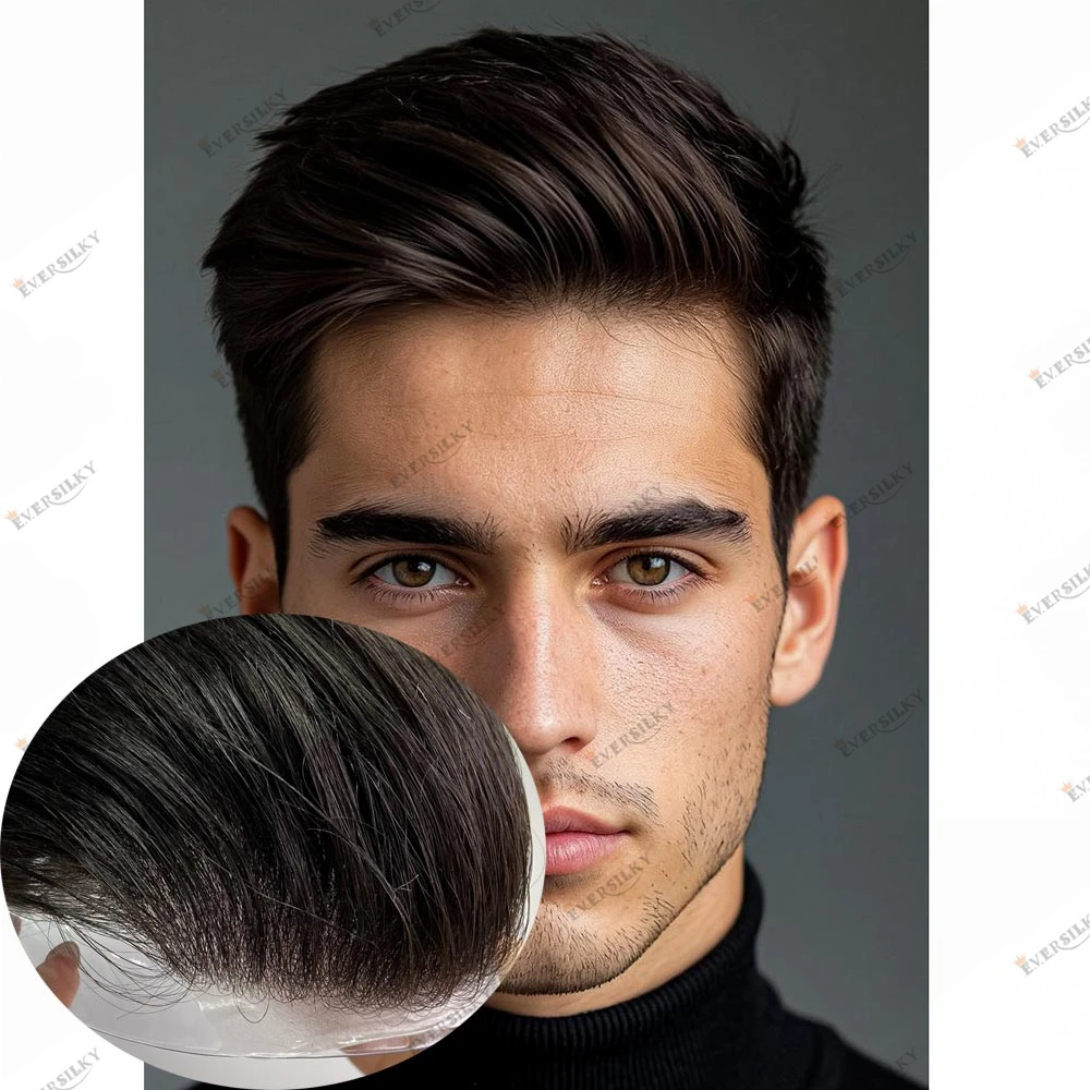 

Invisible Super Thin Skin Micro-Vloop Human Hair Men's Toupee 0.06mm Durable PU Base Dark Brown Man Hair Replacement System