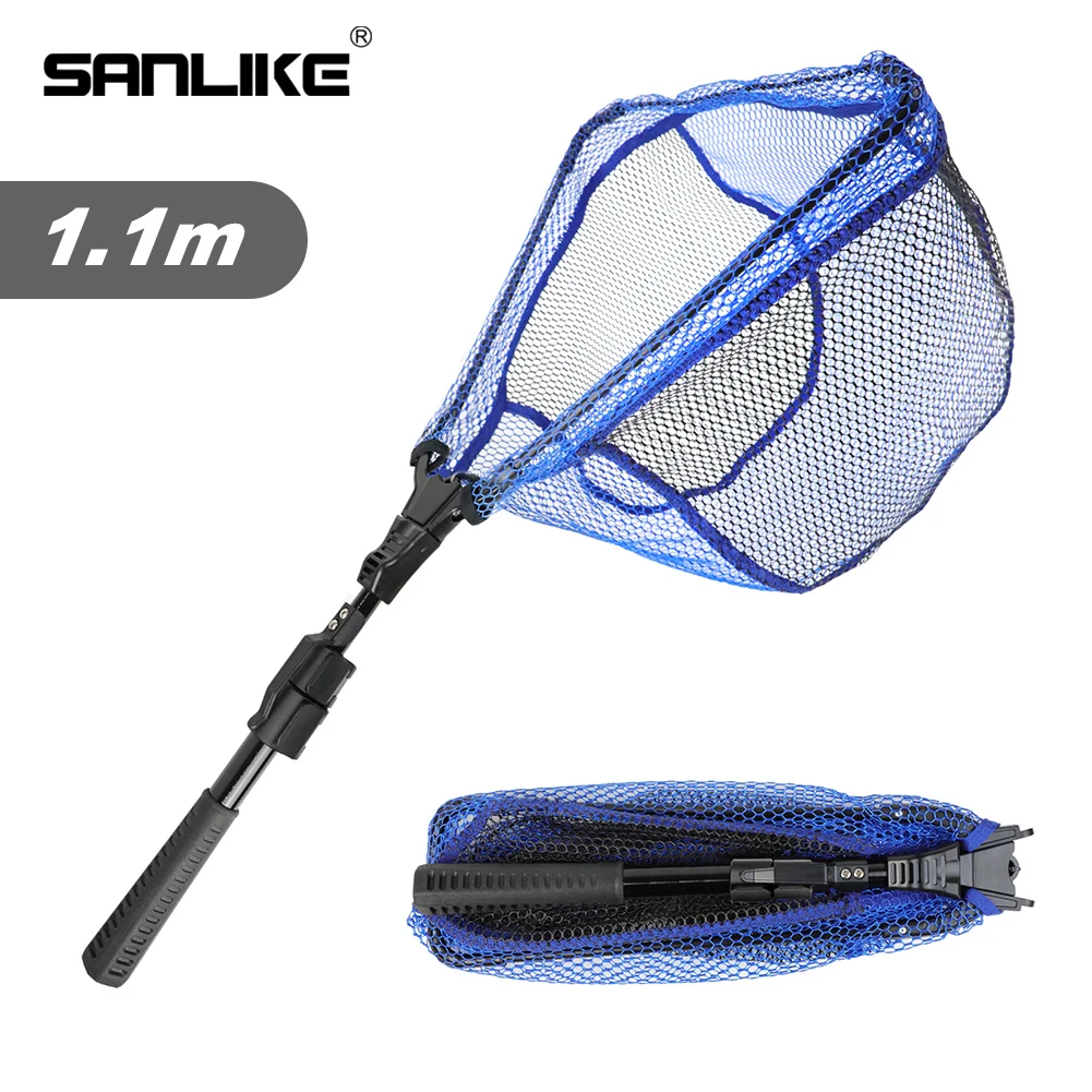 SANLIKE Fishing Net Folding Landing Net with Fibergalss Telescopic Pole Handle Rubber Coated Mesh Fishing Accessories