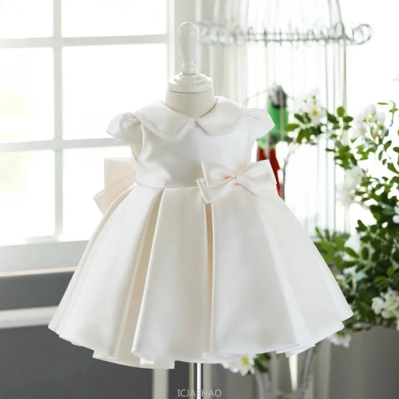 

Wed Dress 2025 French Style Kids Satin Princess Dresses Clothes New Children First Birthday Party Simple Fashion Gown Costumes
