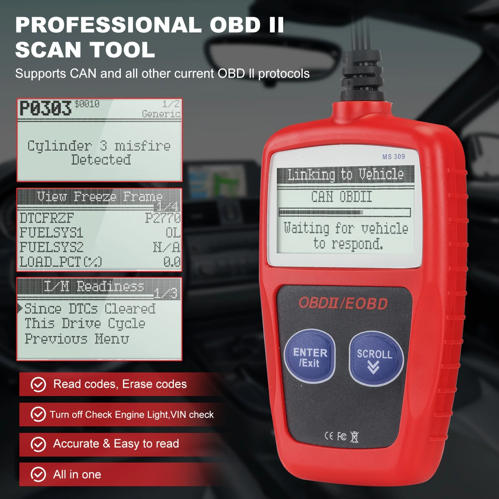 أداة تشخيص السيارة Obd2، قارئ رمز الخطأ Ms309 Obdii Eobd، أداة تشخيص Ecu - مع وظيفة إعادة ضبط ضوء المحرك I/M 24000، بدون بطارية، تصميم مدمج، تشخيص السيارات، أصحاب المركبات، ميكانيكا السيارات