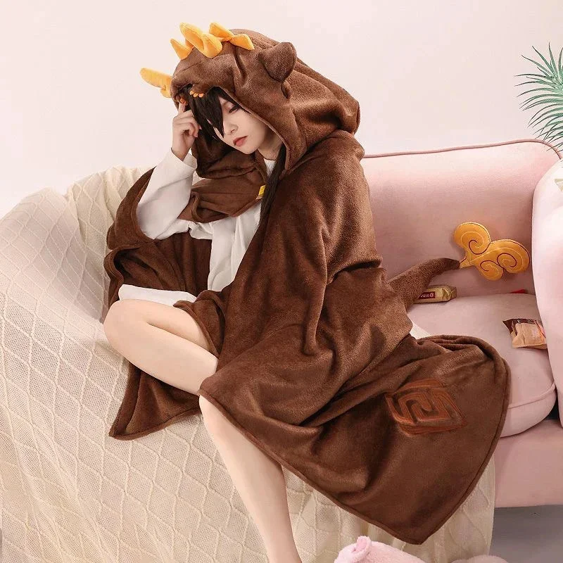 Popular Games Genshins Impact Zhongli Hu Tao Plush Blanket Autumn Winter Home Bedroom Comfortable Wearable Cloak Hooded Cape