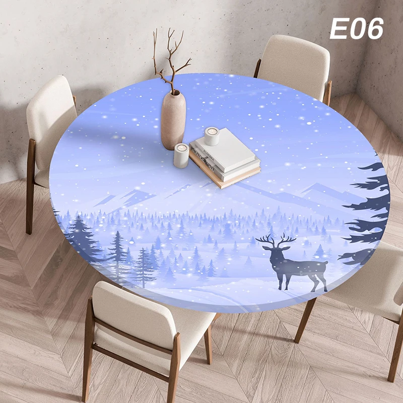 60-120cm Christmas Round Table Cover Home Dining Room Decor Printing Elastic Waterproof Stain-Resistant Dust Tablecloth