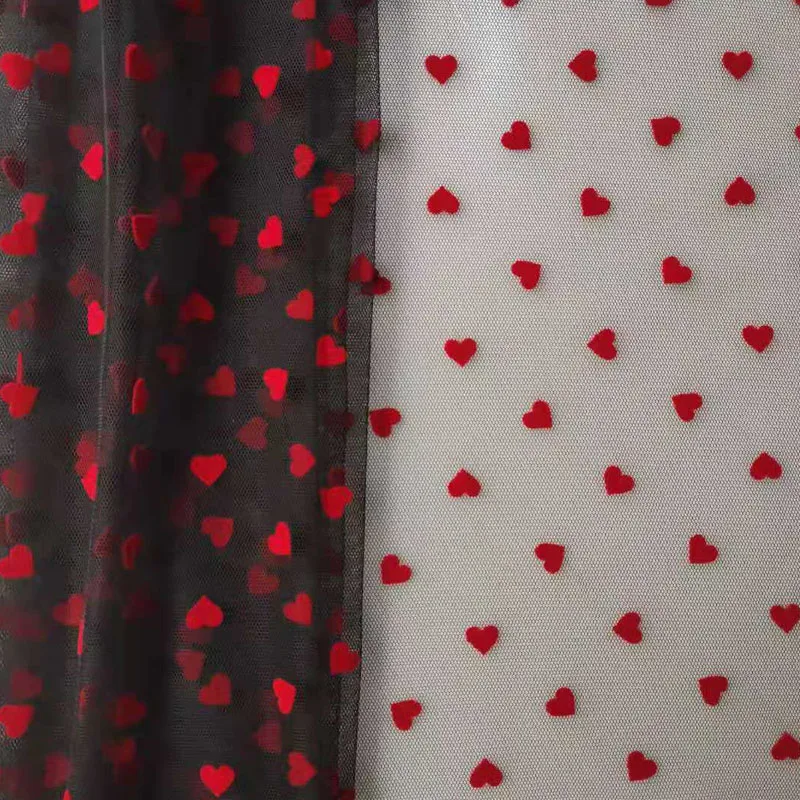 Newest Top Quality Flocking Red Heart Tulle Mesh Guipure Lace Fabric Wedding Dress Decoration Net Fabric Sewing Material Supply