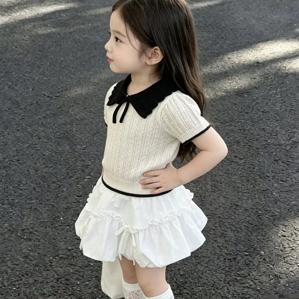 Girls Hollow Mesh Knitted Shirt Lace Up Bow Peter Pan Collar Short Sleeve T-Shirt Sweet Summer Tops 90-140CM
