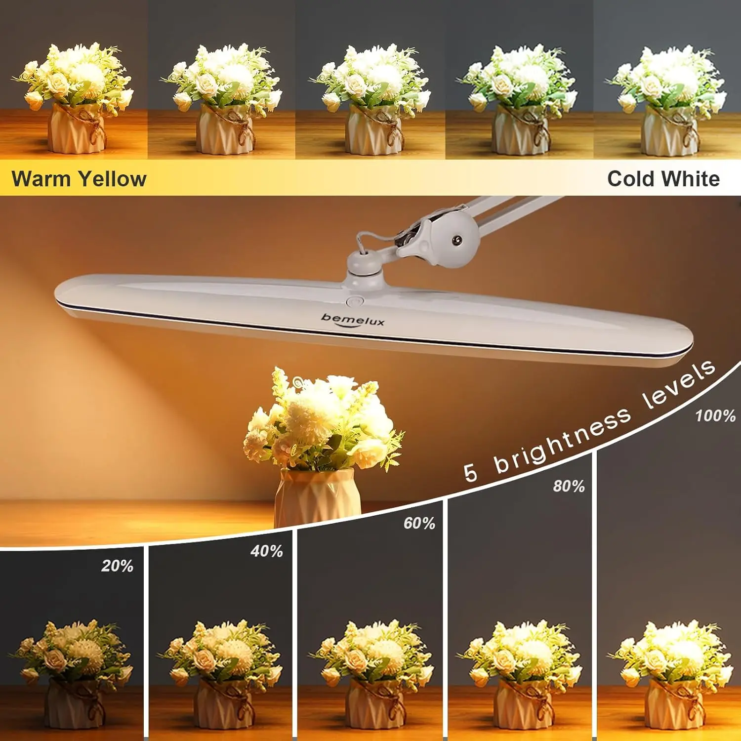 23" LED Desk Lamp with Clamp, 182 LEDs, 5 Color Temps & Brightness Levels, Dimmable Swing Arm Light