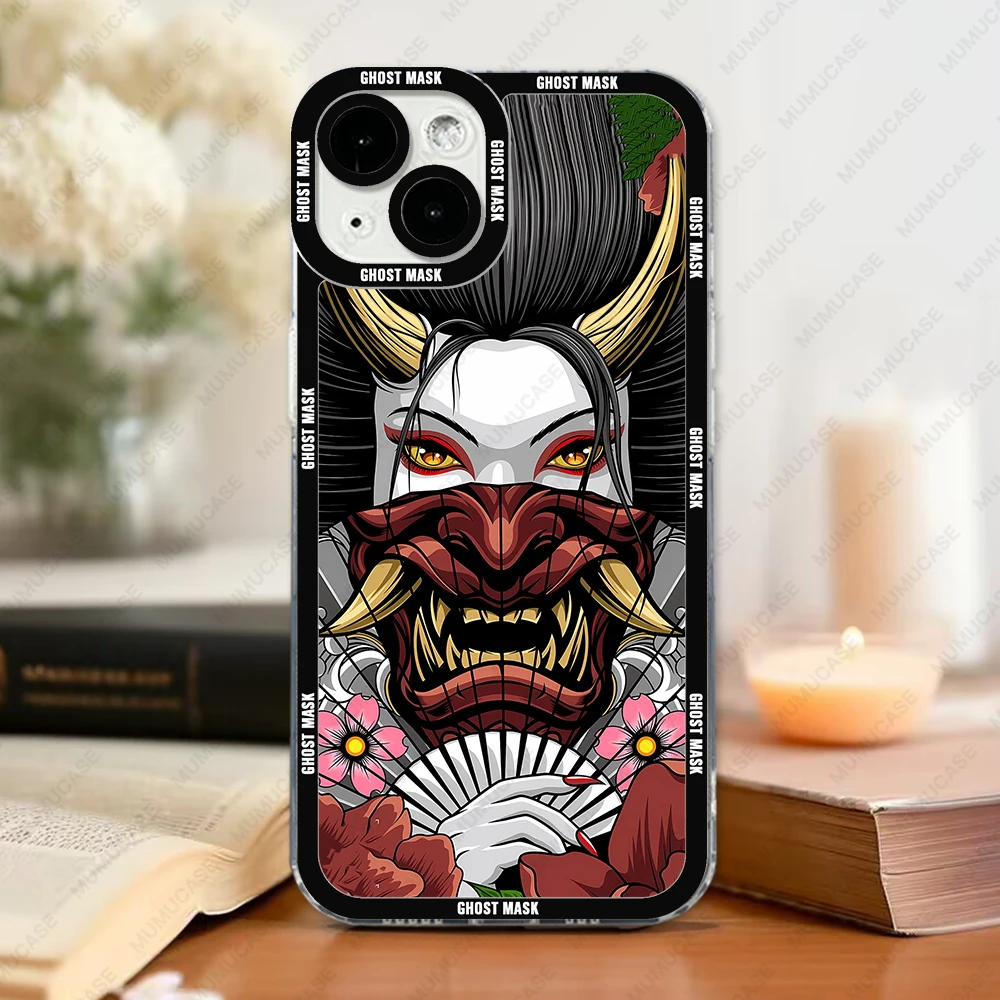 Japanese Ghost Mask Phone Case For iPhone 16 15 14 13 Pro Max 12 Mini 11 XS X XR SE 7 8 Plus Soft Cover