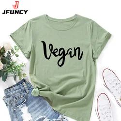 JFUNCY Oversize Women T Shirt Summer Loose Short Sleeve T-shirt Vegan Letter Print Tops Graphic Basic Tee Female Clothes