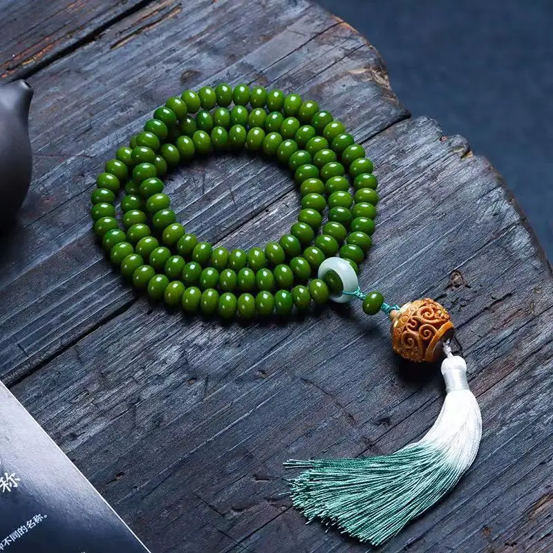 Spring Green Bodhi Root 108 Beads Multi Wrap Bracelet with Running Ring Unisex Prayer Bead Necklace Gifts