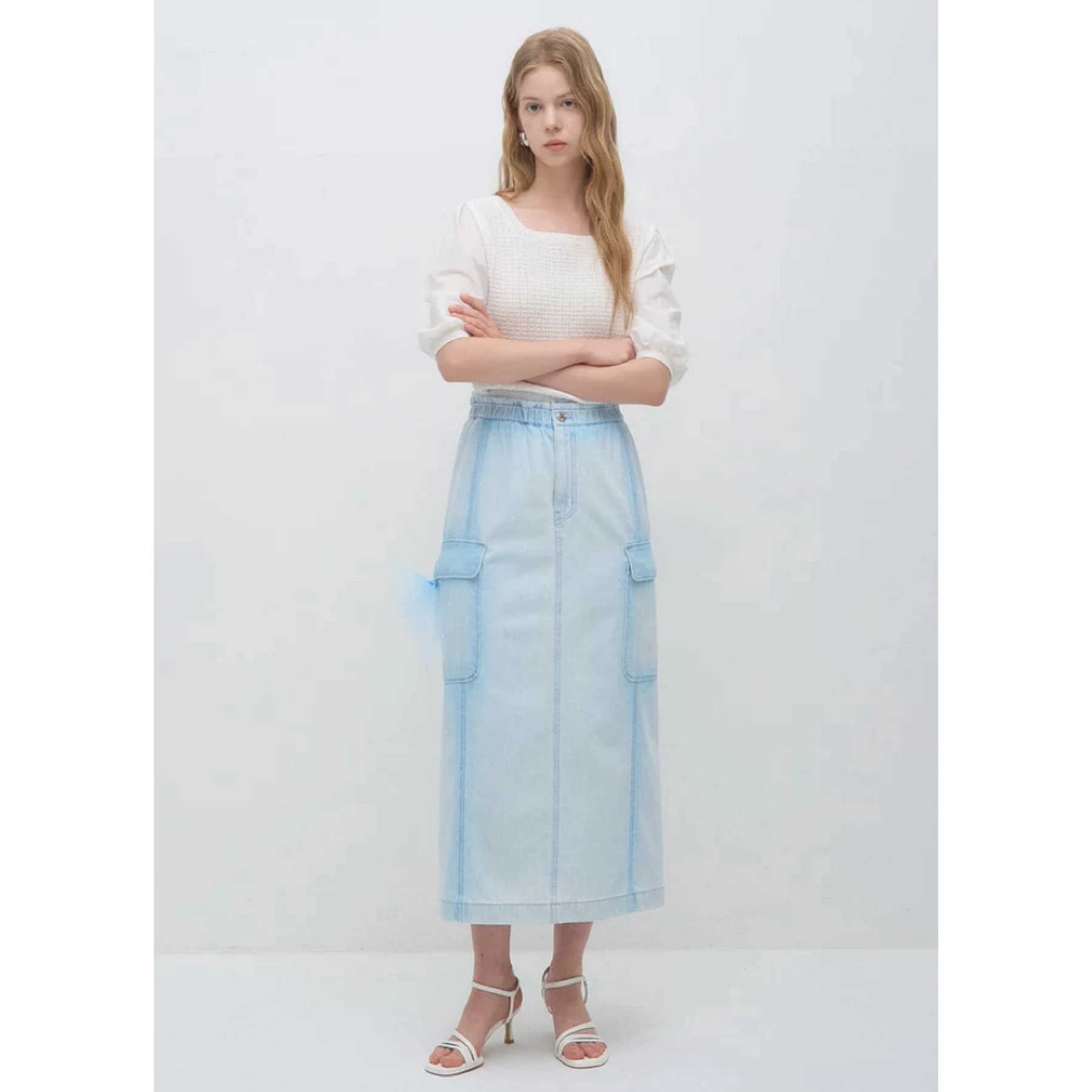 Lemon Cheese 2026 Summer Lace Hem Elastic Waist Knot Decorated Straight Leg Denim Skirt Women's Cotton Blend